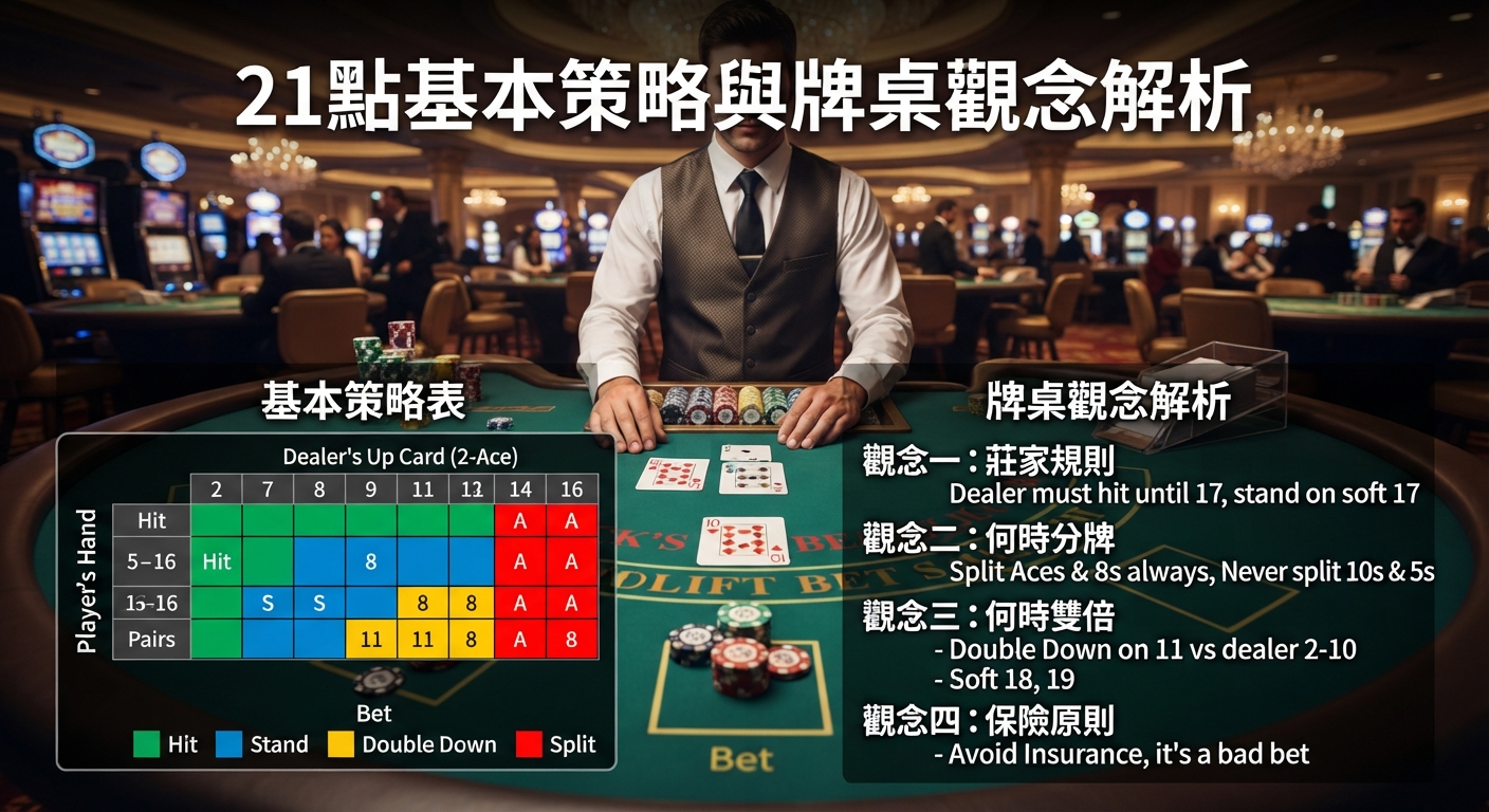 這是一張關於21點遊戲策略與牌桌觀念的解析圖。 畫面展示了賭場牌桌、發牌員以及基本策略表與觀念重點。