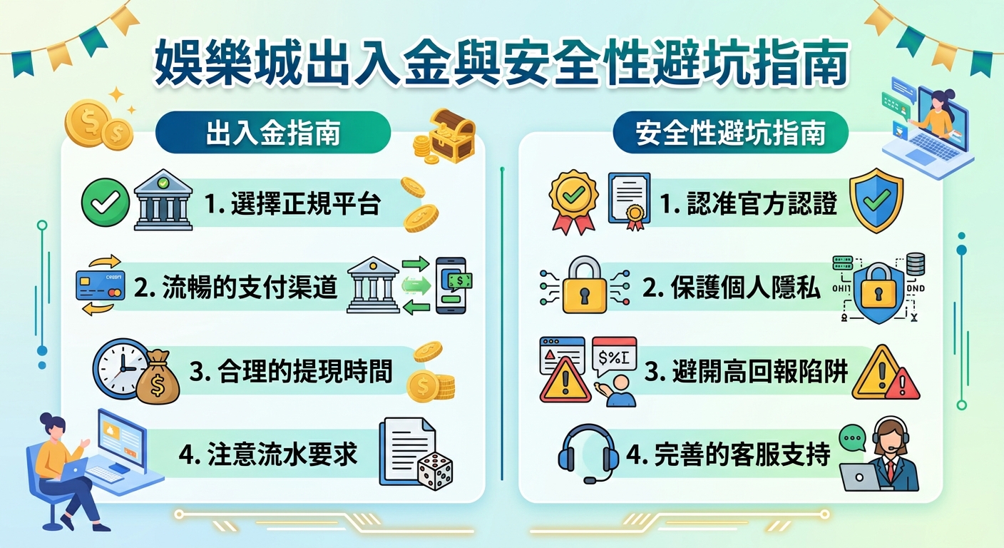 這張圖片是一份關於娛樂城出入金與安全性的避坑指南資訊圖表，採用清晰的左右分欄設計與豐富的卡通圖示。 圖表上方標有主標題「娛樂城出入金與安全性避坑指南」，下方則分別針對平台選擇、支付渠道、個人隱私與客服支援等主題整理出重點說明。